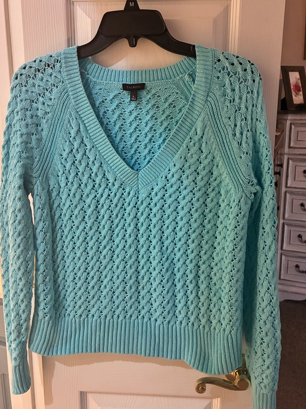 Talbots Women's V-Neck Open-Knit Sweater in Aqua SZ M